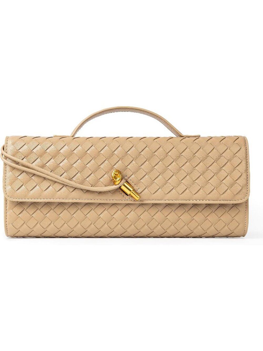 Women Apricot Woven Vegan Leather Clutch Purse Formal Evening Crossbody Bag